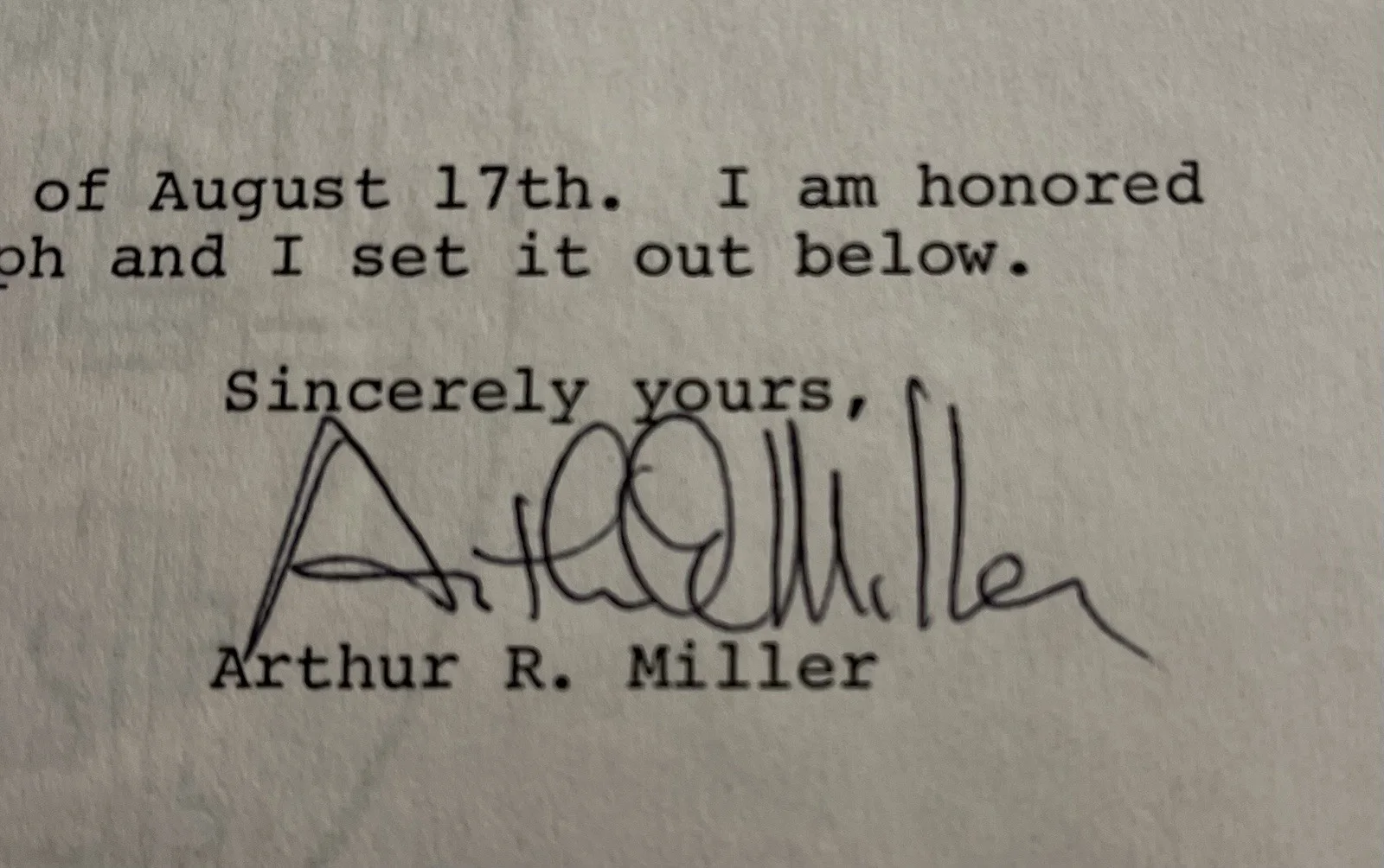 Arthur Miller — Arthur Miller Harvard Law School Signed Cut Sheet Autograph w/ COA & Top Loader, image 4