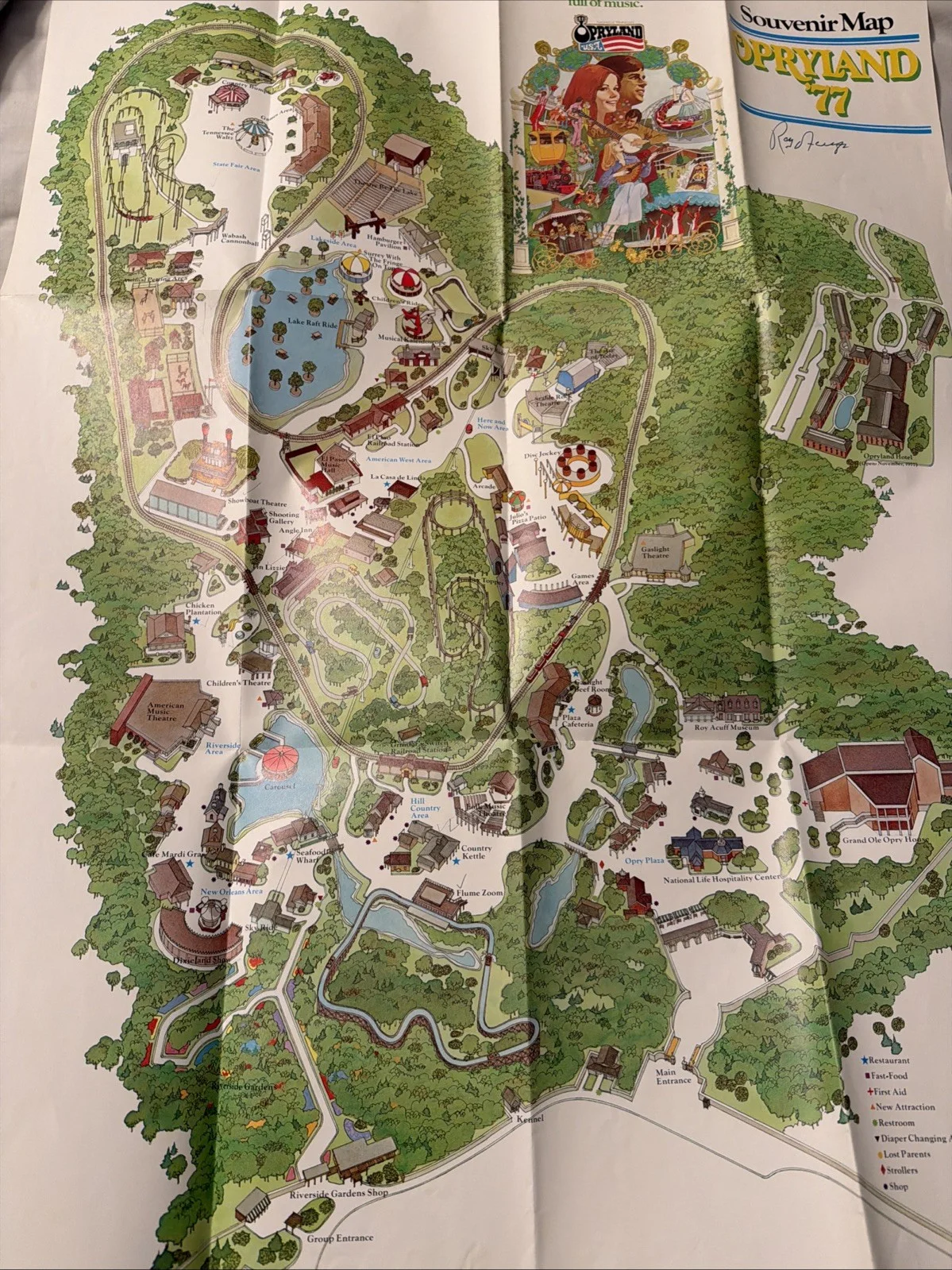 1977 SIGNED Roy Acuff OPRYLAND PARK MAP Autographed, image 3