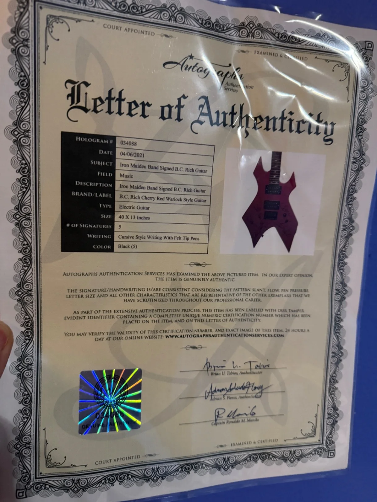 Limited Edition Iron Maiden & Joseph Quinn signed BCRich BloodRed Warlock guitar, image 5