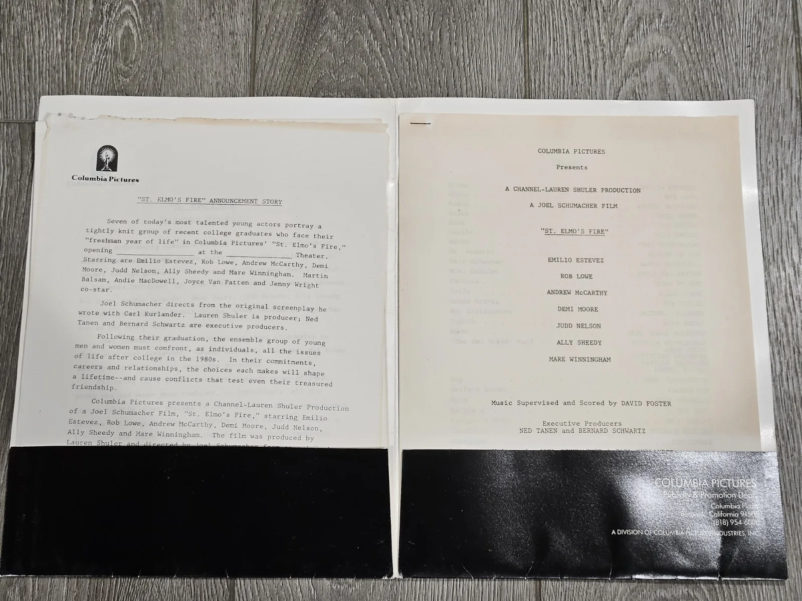 St Elmo's Fire Cast,Credits and Production sheets., image 2