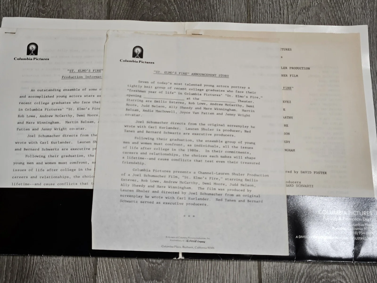 St Elmo's Fire Cast,Credits and Production sheets., image 3