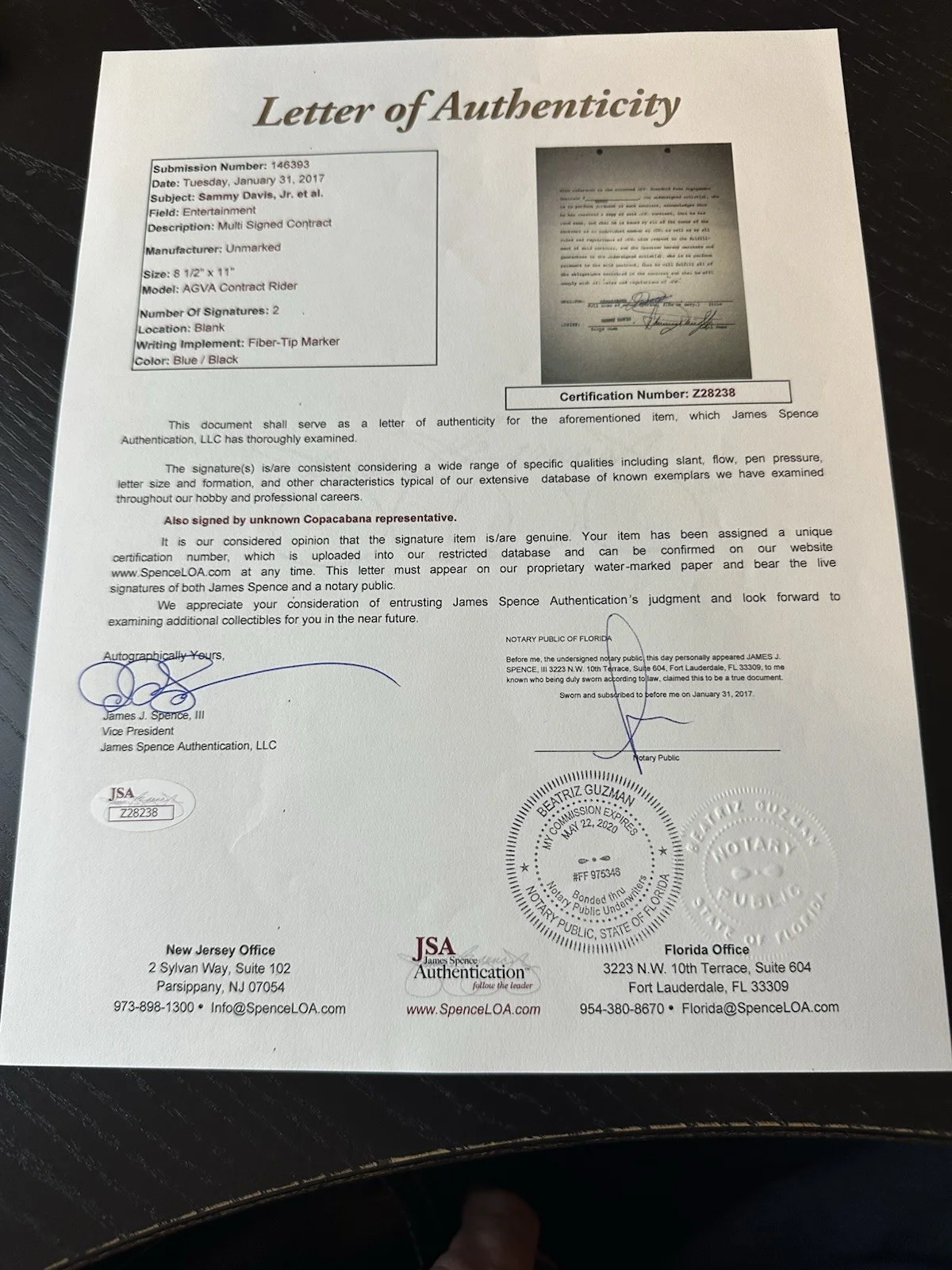 Sammy Davis, Jr. Signed Copacabana Contract! JSA Letter of Authenticity., image 2