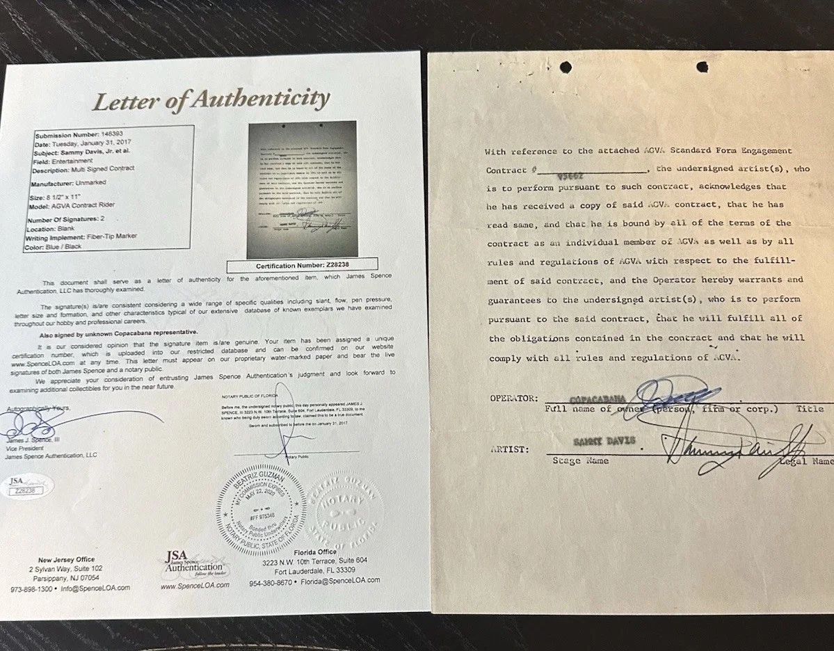Sammy Davis, Jr. Signed Copacabana Contract! JSA Letter of Authenticity., image 3
