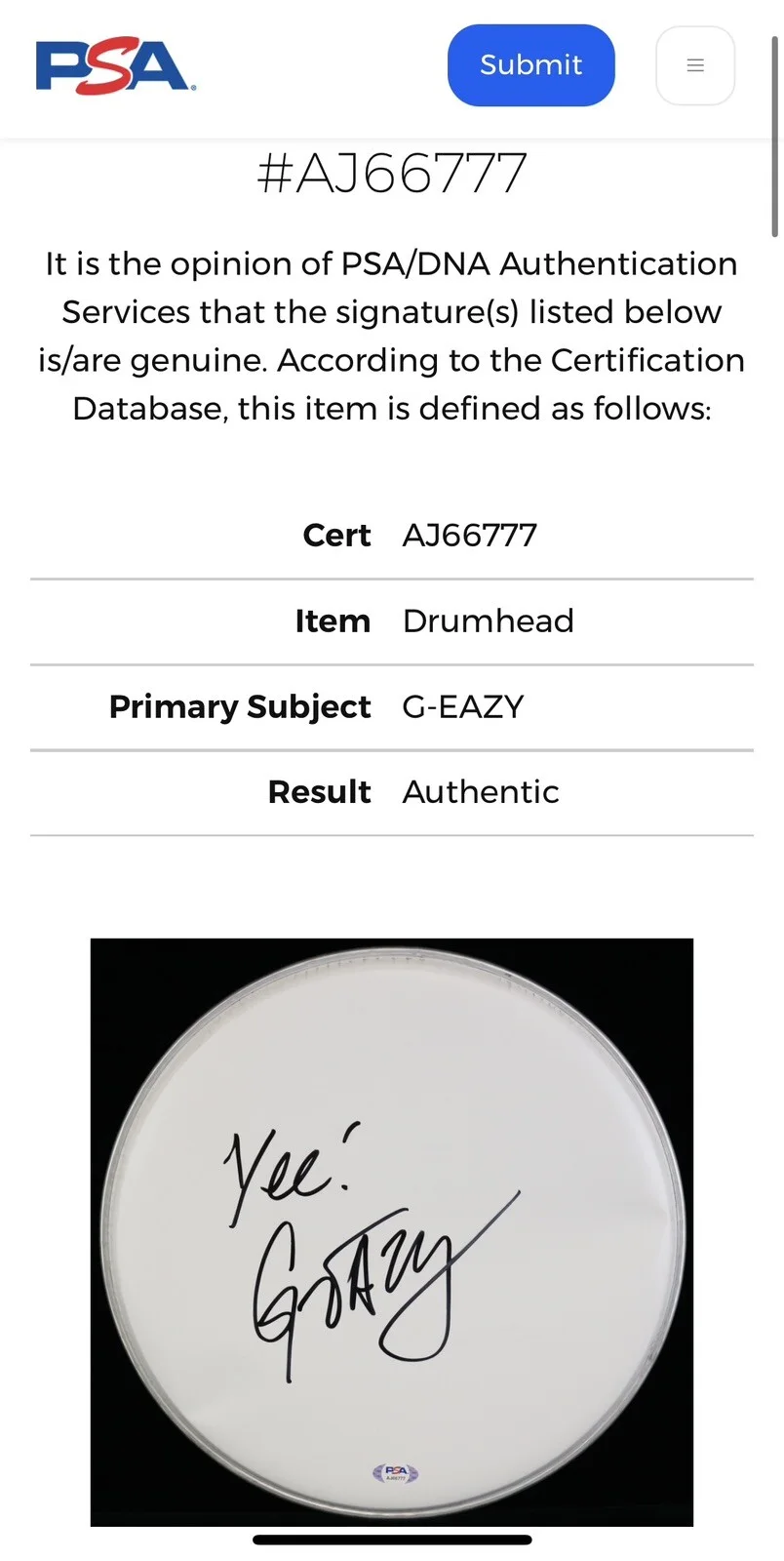 G EAZY SIGNED DRUMHEAD WHEN ITS DARK OUT PSA/DNA CERTIFIED, image 3