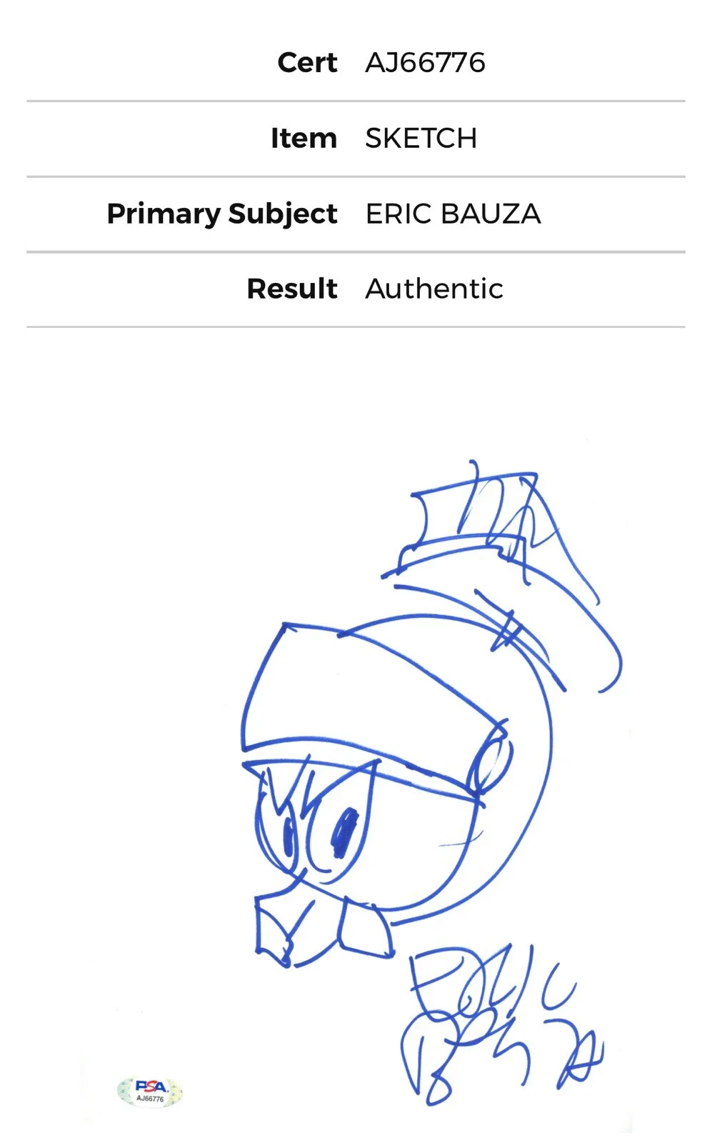 Eric Bauza — ERIC BAUZA SIGNED SPACE JAM MARVIN THE MARTIAN ART SKETCH 8.5x11 PSA, изображение 4