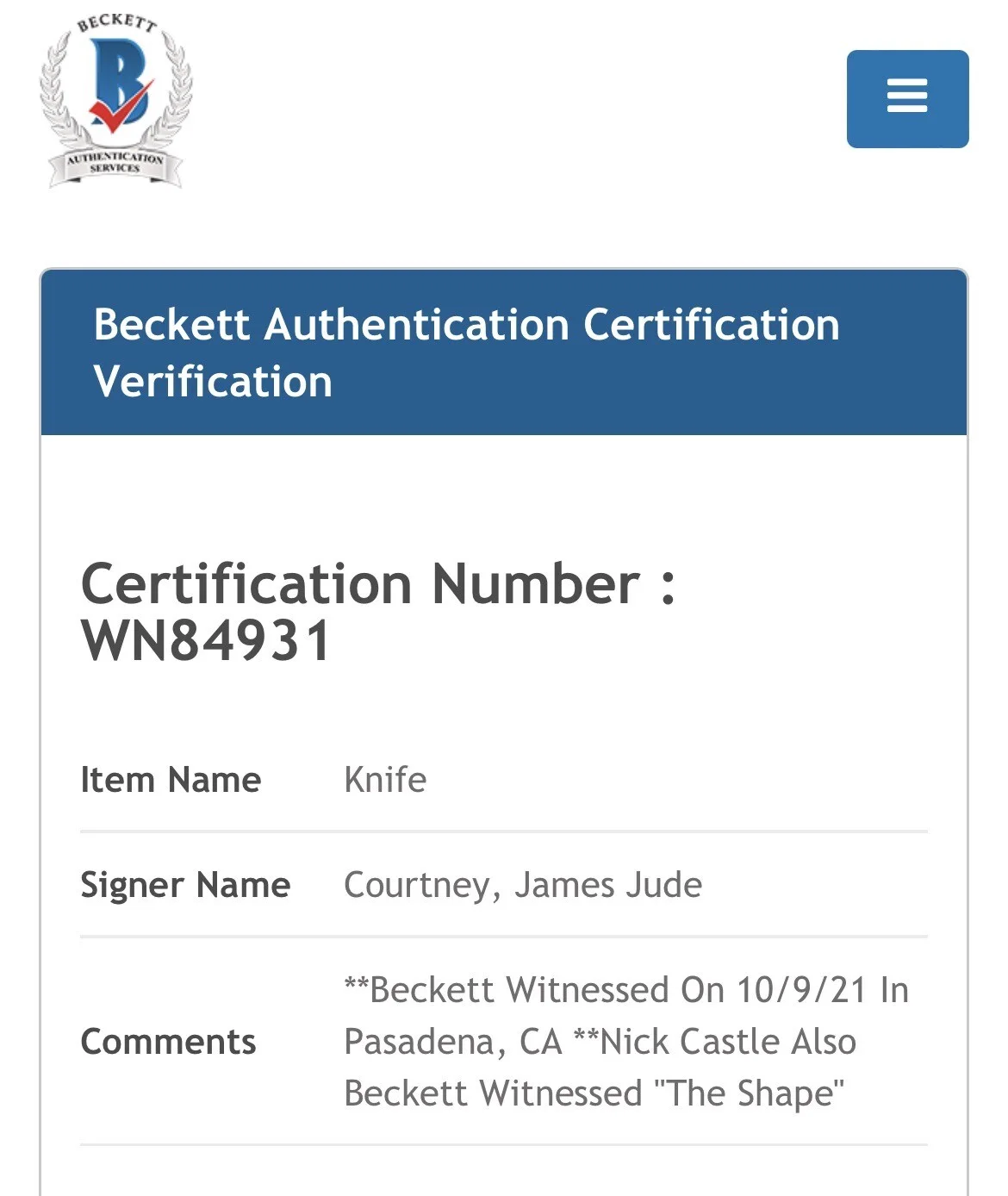 Nick Castle, James Jude Courtney — NICK CASTLE & JAMES JUDE COURTNEY SIGNED HALLOWEEN KNIFE BECKETT WN84931, изображение 4