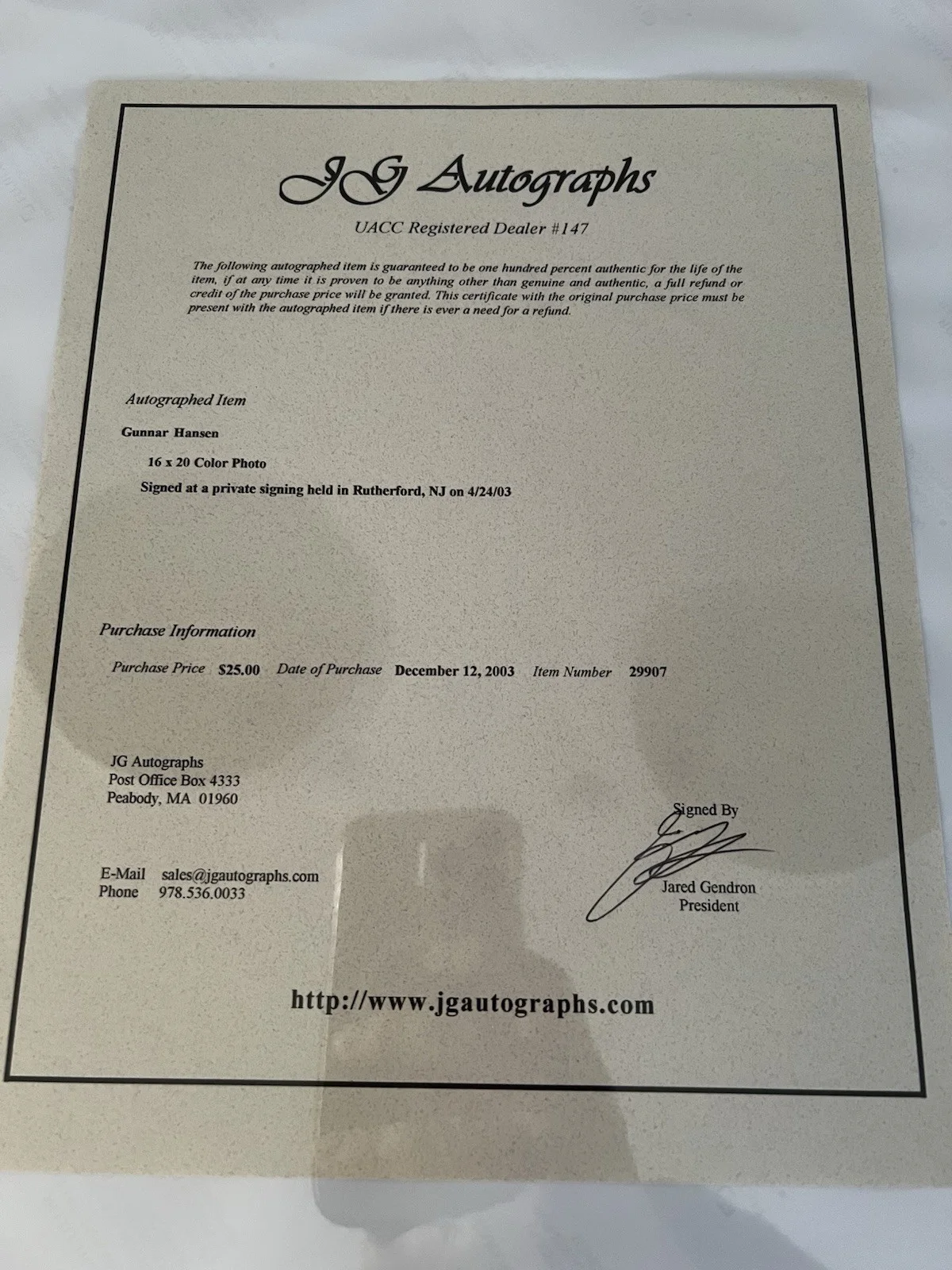 Gunnar Hanson Signed Leatherface Texas Chainsaw Massacre 16x20 Certificate Mint, image 4