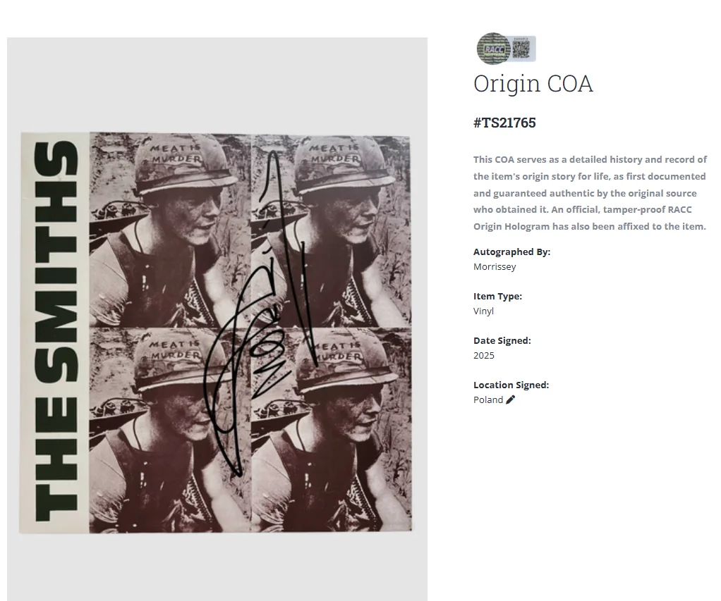 Morrissey The Smiths Meat Is Murder Signed Autographed Vinyl Record LP w/COA, изображение 2