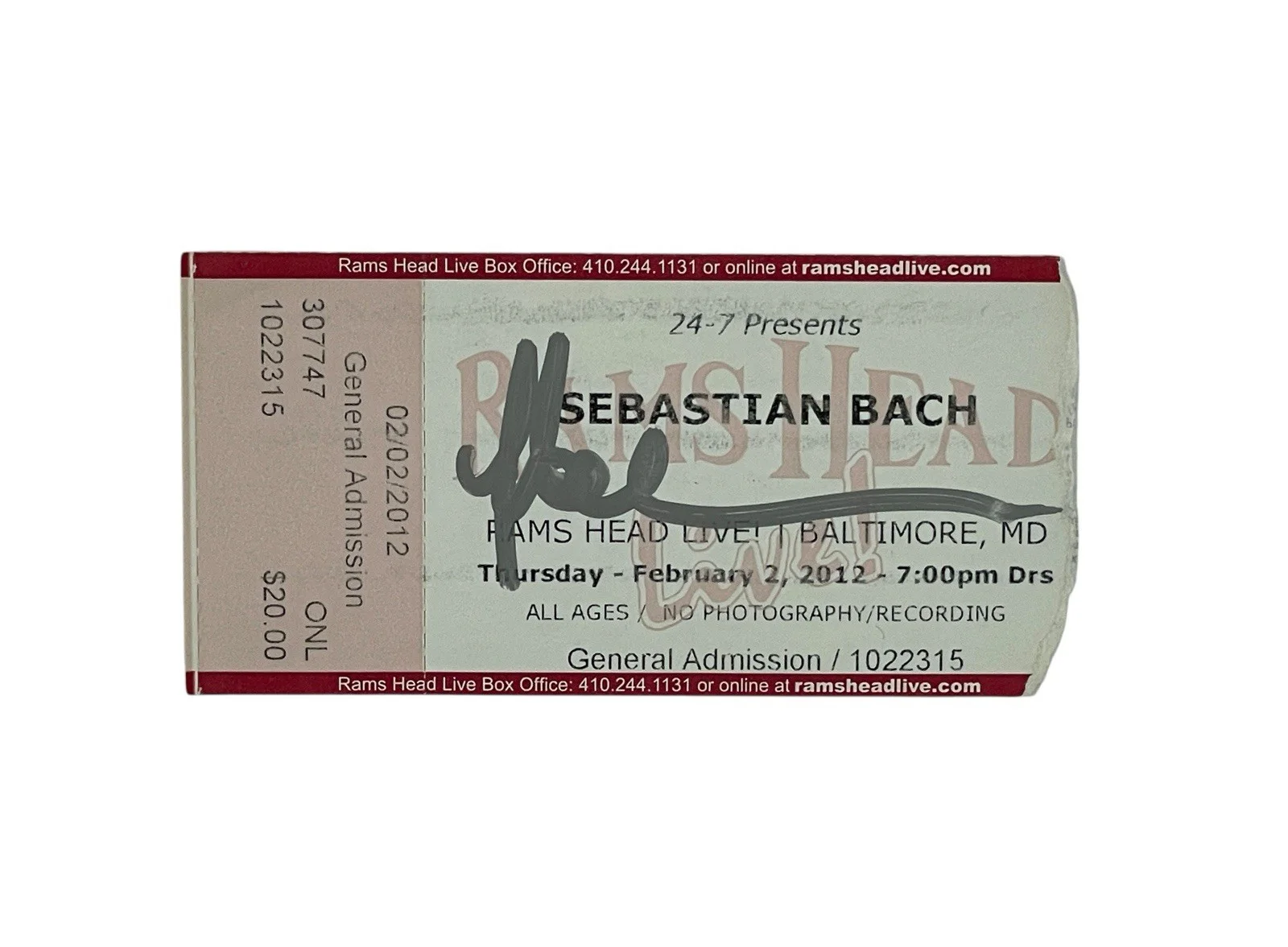 Sebastian Bach Autographed Rams Head Live Concert Ticket Stub 2012 ACOA Skid Row, изображение 2
