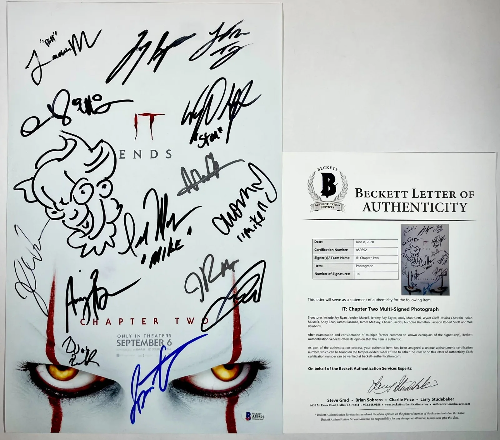 James Ransone — IT Chapter Two Cast Signed By 14 11x17 Movie Poster Pennywise Sketch Beckett LOA