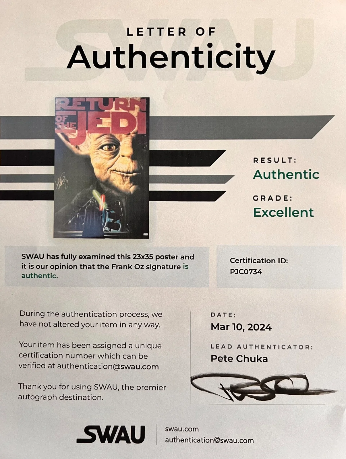 Frank Oz — Frank Oz Yoda Star Wars SIGNED Autographed RARE 36x24 ROTJ poster w/ SWAU LOA, изображение 2