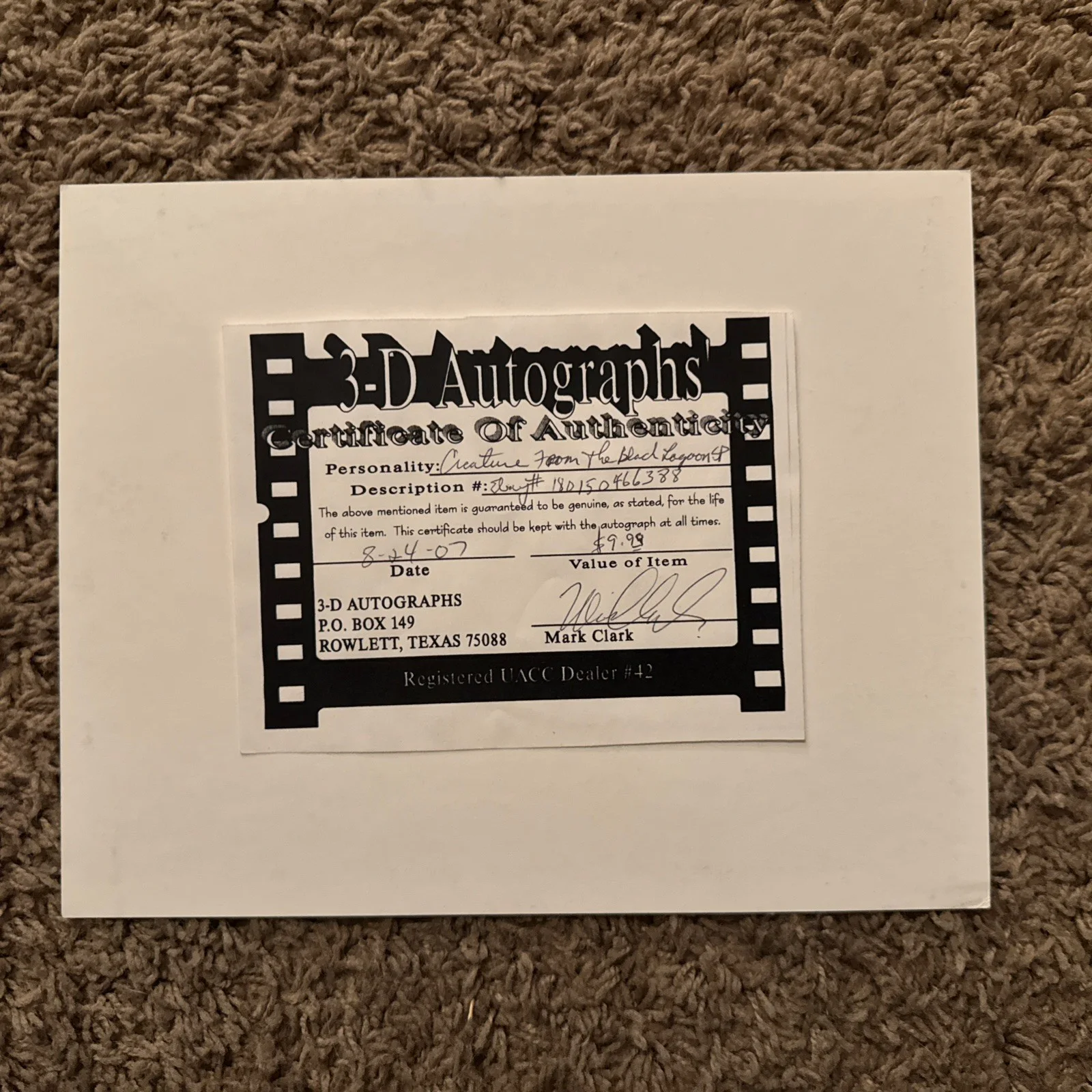 Ben F Chapman, Jr — Ben F Chapman Jr CREATURE FROM THE BLACK LAGOON Gill-man signed 8 x 10 photo, изображение 4