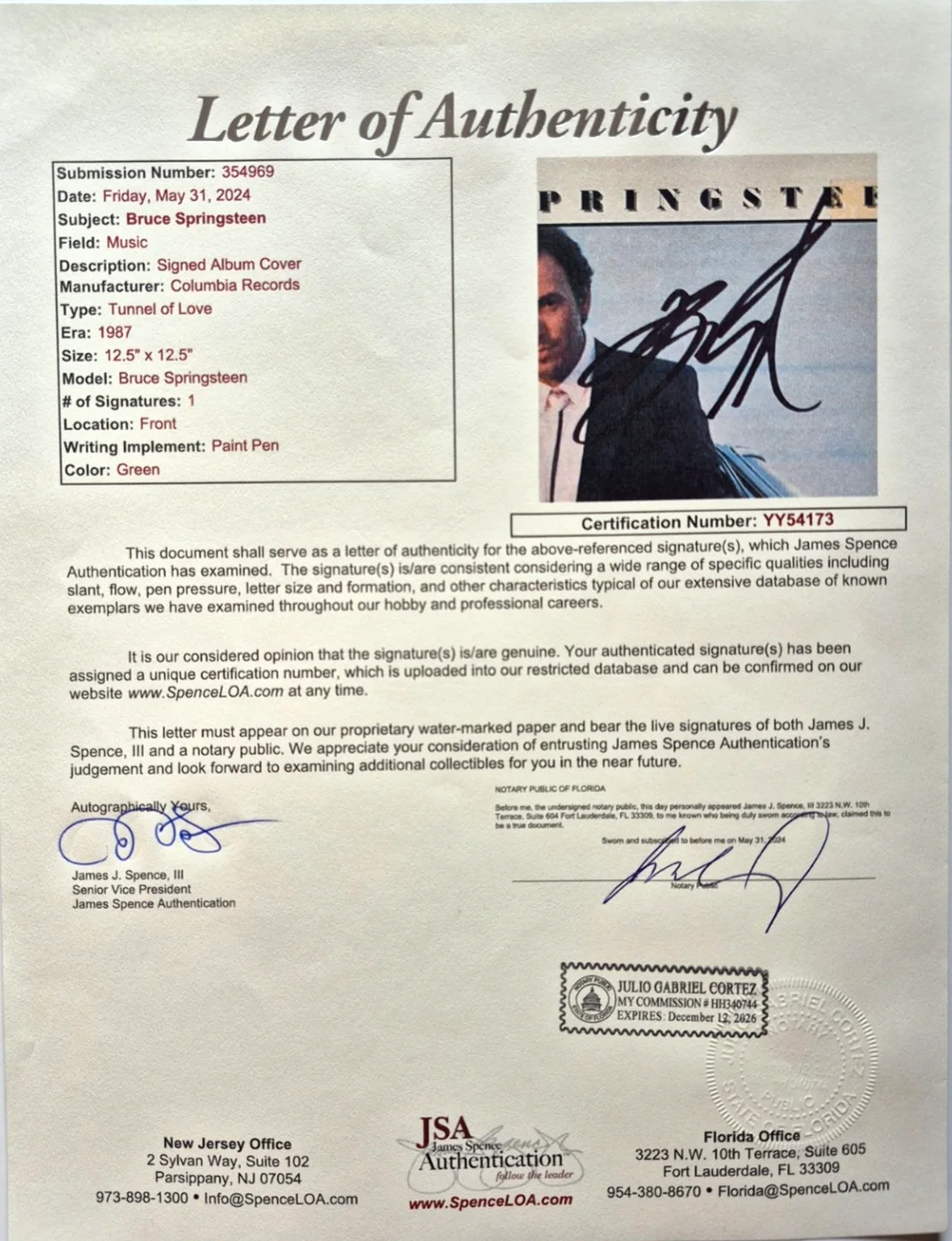 BRUCE SPRINGSTEEN SIGNED AUTOGRAPHED TUNNEL OF LOVE ALBUM COVER RARE JSA LOA, изображение 5