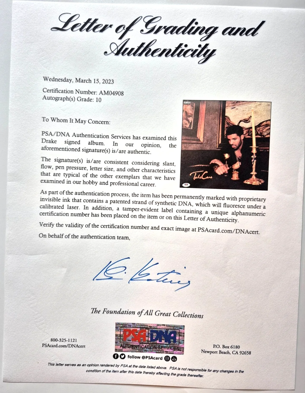 DRAKE SIGNED AUTOGRAPH TAKE CARE ALBUM AUBREY GRAHAM RARE PSA LOA AUTO GRADE 10, изображение 5