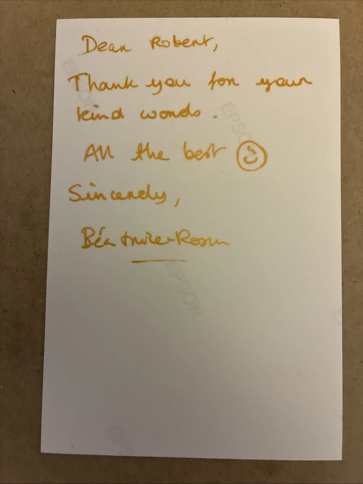 Beatrice Rosen — Beatrice Rosen Authentic Hand Signed 4x6 photo - To: Robert, image 2
