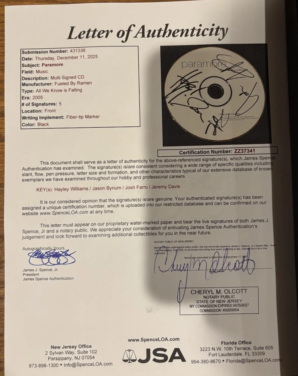 PARAMORE HAYLEY WILLIAMS +3 All We Know is Falling CD Signed JSA COA autograph, image 2