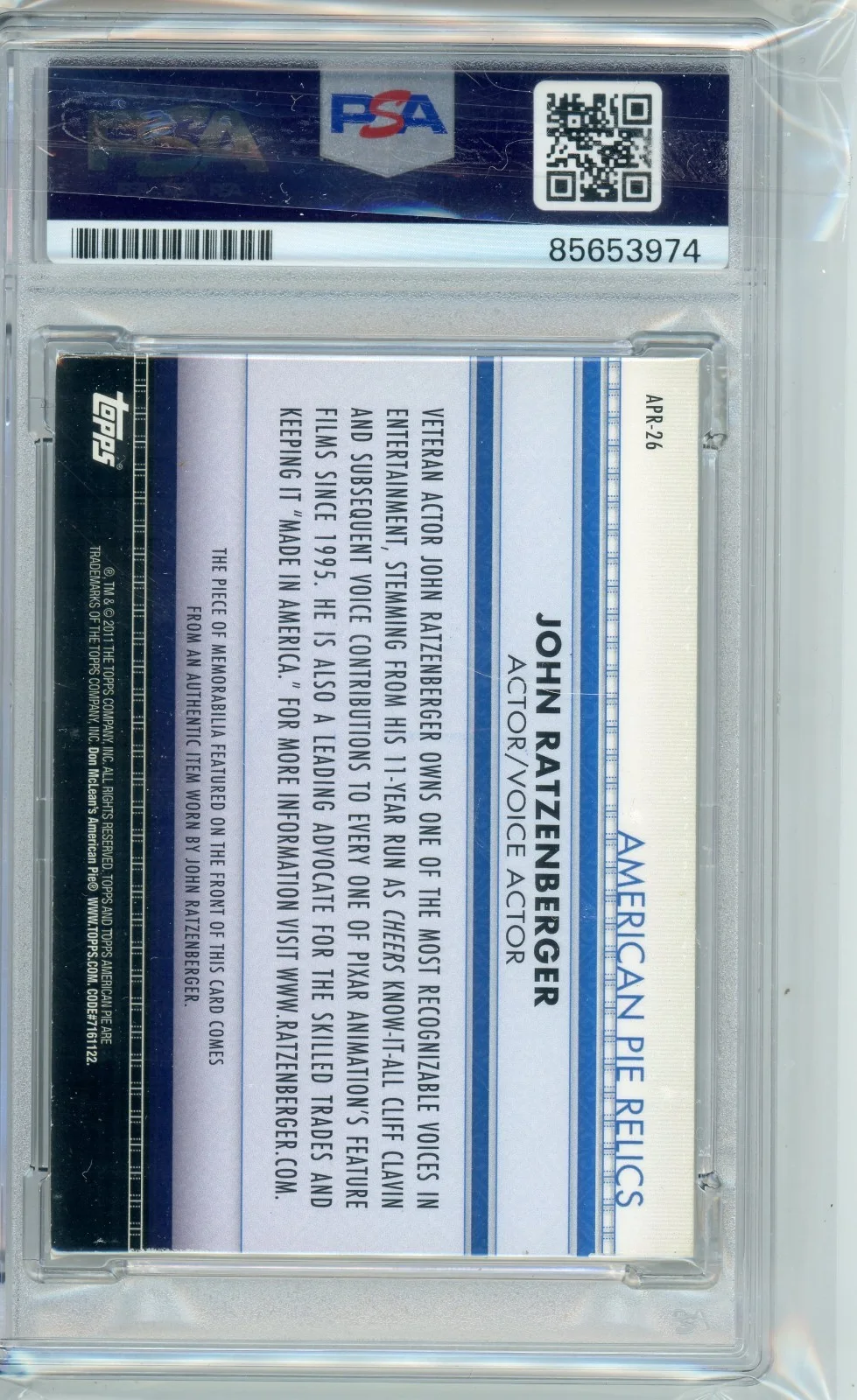 2011 American Pie Relics John Ratzenberger Signed memorabilia card AUTO PSA Slab, изображение 2