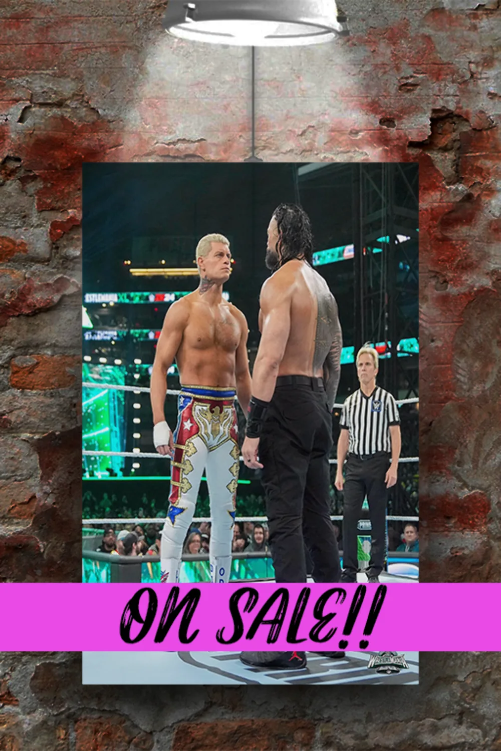 WWE Wrestlemania 40 Cody Rhodes and Roman Reigns Epic Staredown Gloss Poster | W, изображение 2