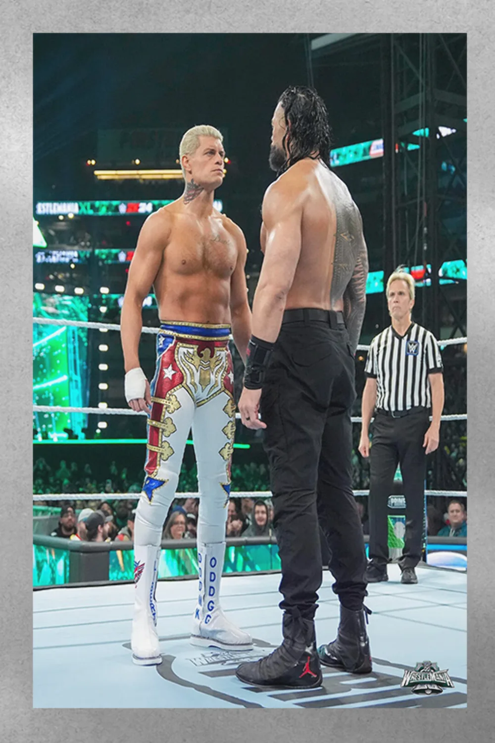 WWE Wrestlemania 40 Cody Rhodes and Roman Reigns Epic Staredown Gloss Poster | W, изображение 3