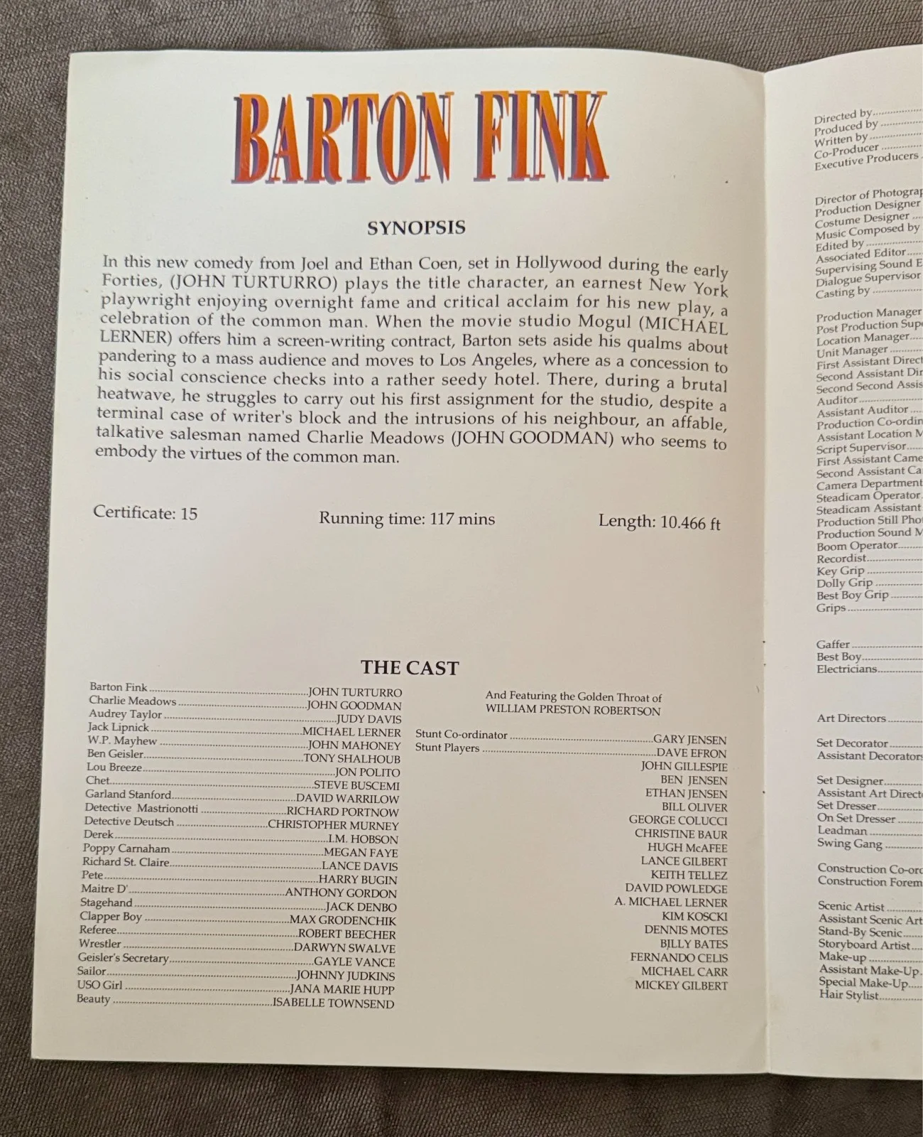 Barton Fink film press kit with three still photos Coen Brothers, John Turturro, изображение 2