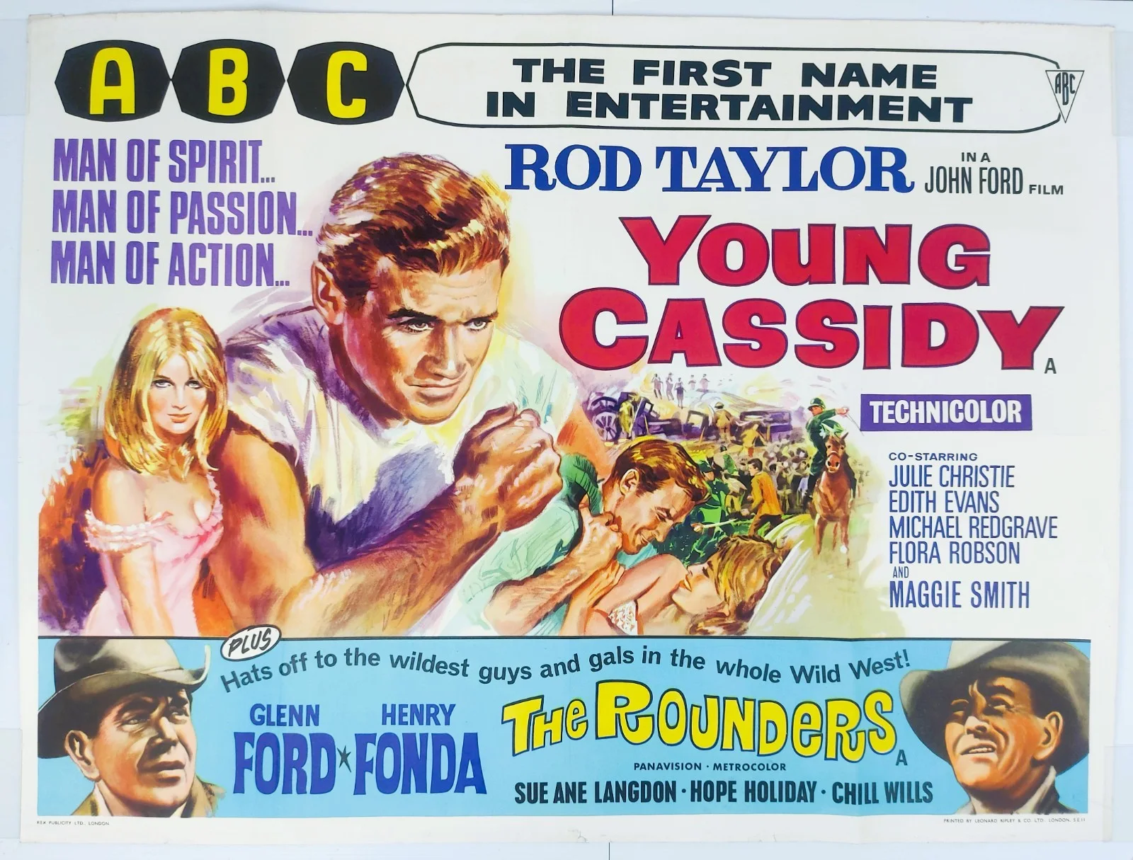 YOUNG CASSIDY / THE ROUNDERS ORIGINAL UK QUAD DOUBLE BILL FILM POSTER 1965, изображение 2