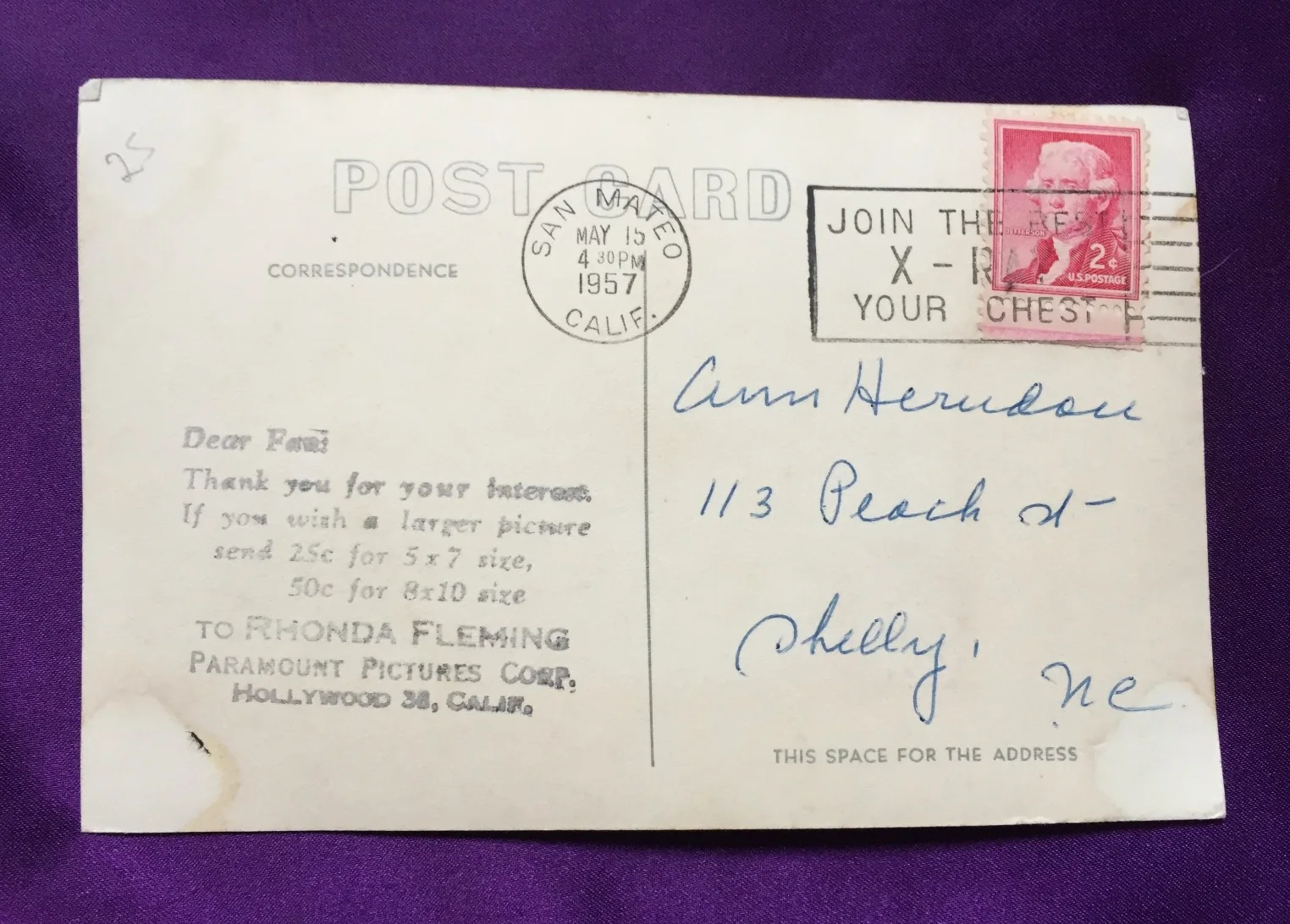 Rhonda Fleming — RHONDA FLEMING SIGNED Glossy Postcard, Original Autograph, image 3