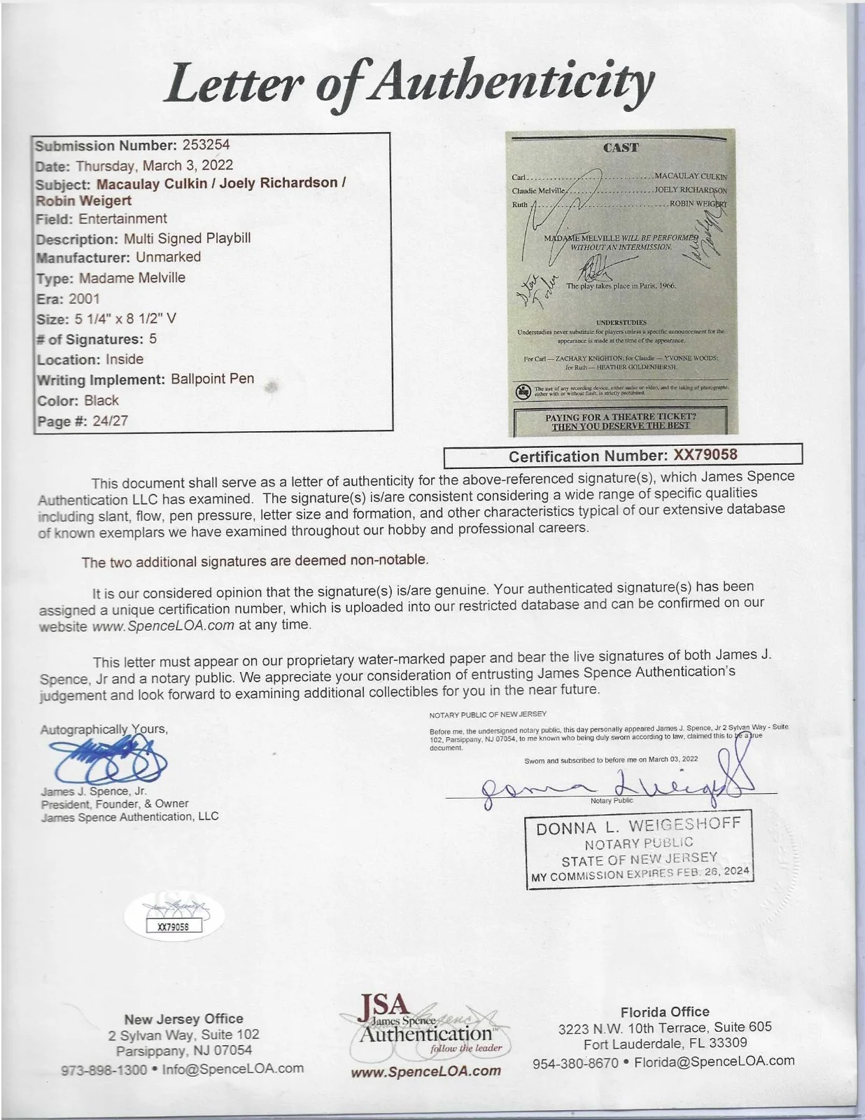 Macaulay Culkin Autographed Theater Program Hollywood TV Child Actor JSA COA, image 3