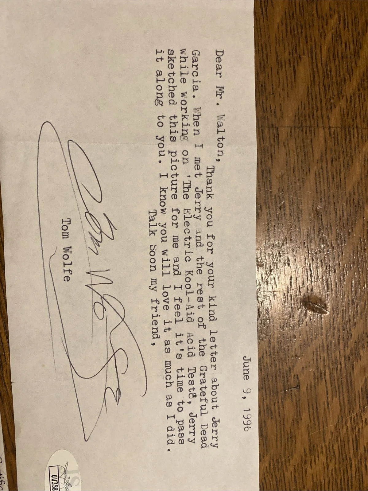 Tom Wolfe Signed Autographed Letter JSA Writer Jerry Garcia Electric Kool-Aid, image 4