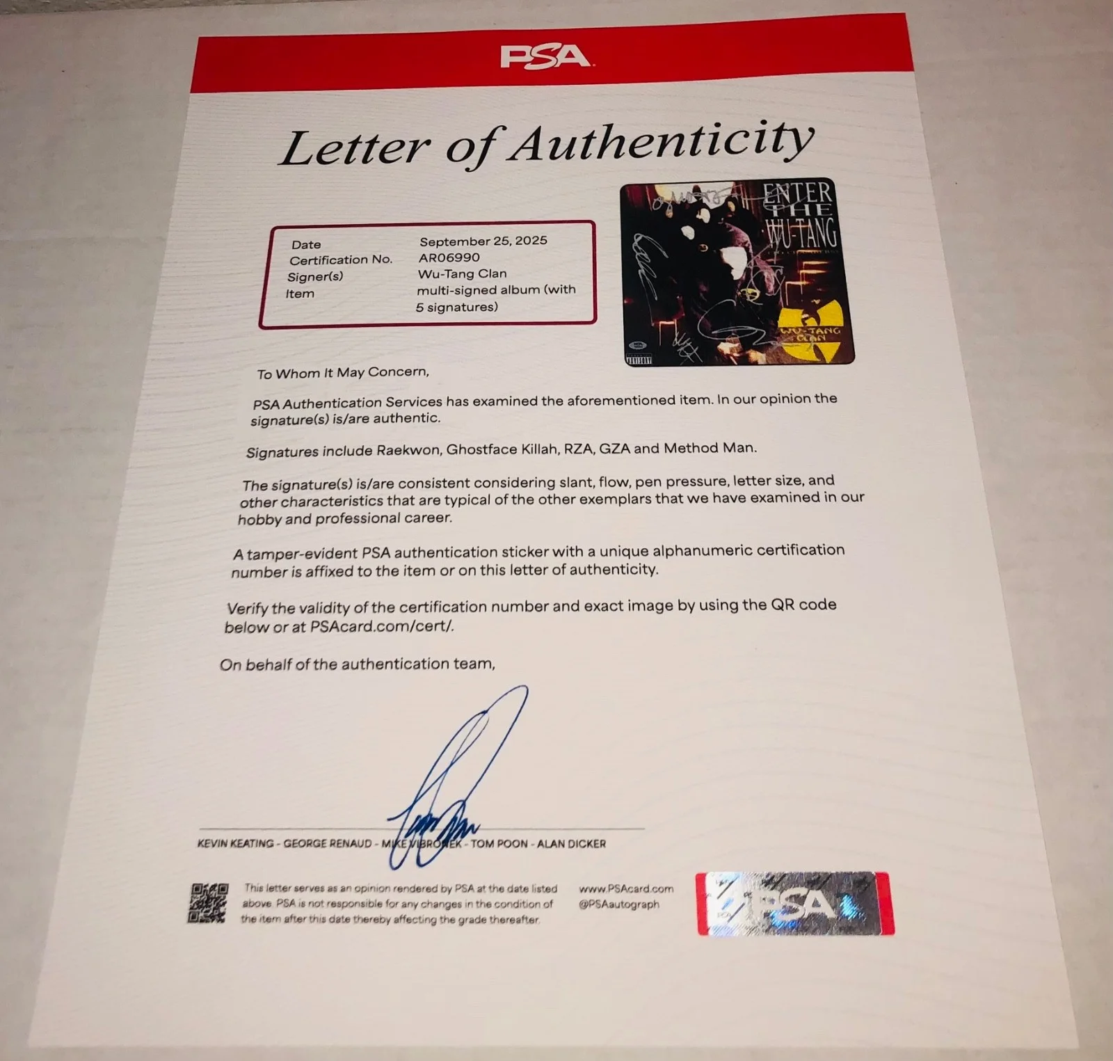 Wu Tang Clan Enter The 36 Chambers Signed Vinyl Record LP PSA Letter RARE F, изображение 2