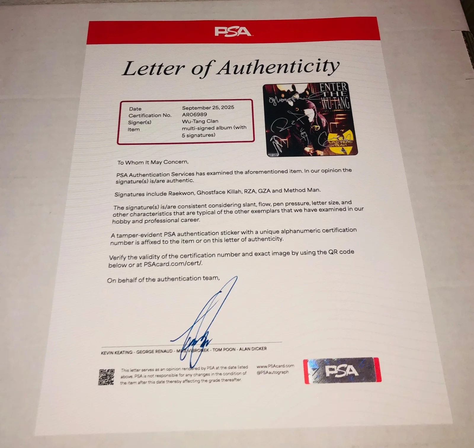 Wu Tang Clan Enter The 36 Chambers Signed Vinyl Record LP PSA Letter RARE E, изображение 2