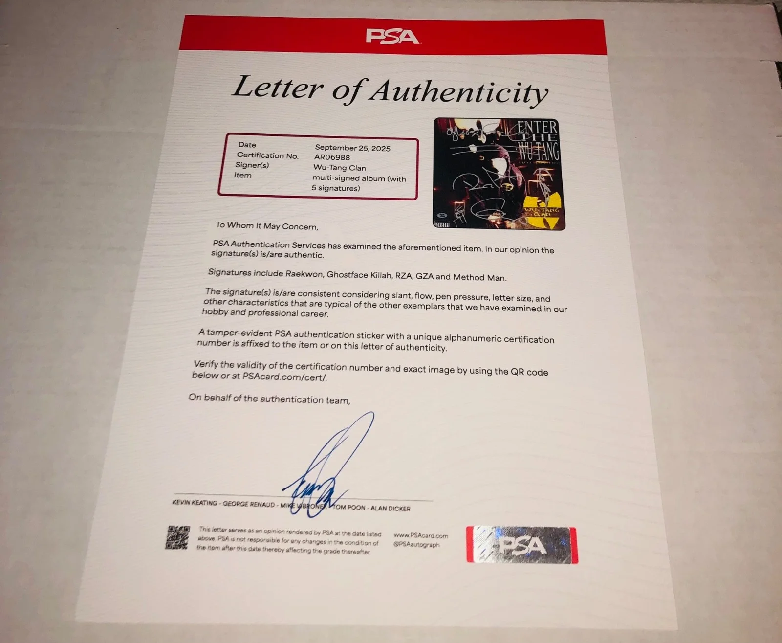Wu Tang Clan Enter The 36 Chambers Signed Vinyl Record LP PSA Letter RARE D, изображение 2