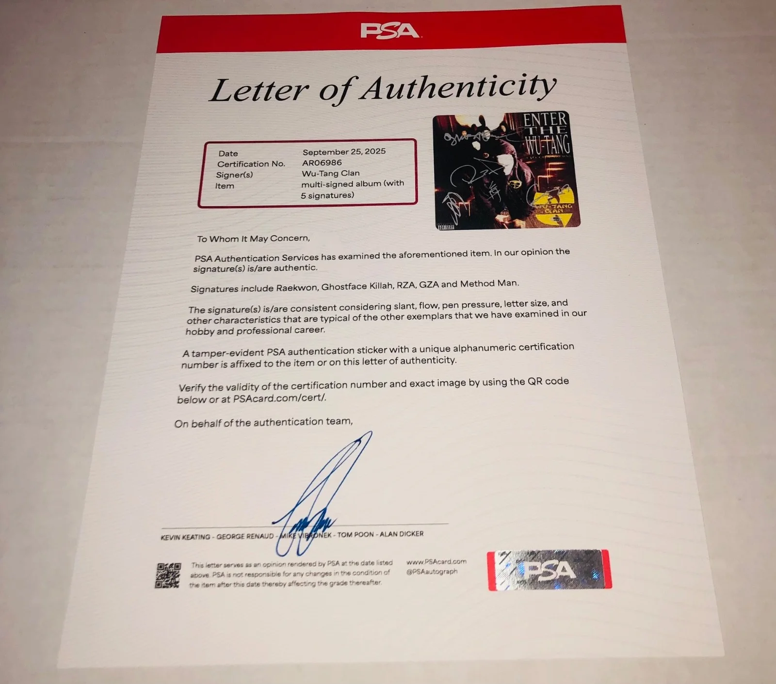 Wu Tang Clan Enter The 36 Chambers Signed Vinyl Record LP PSA Letter RARE B, изображение 2