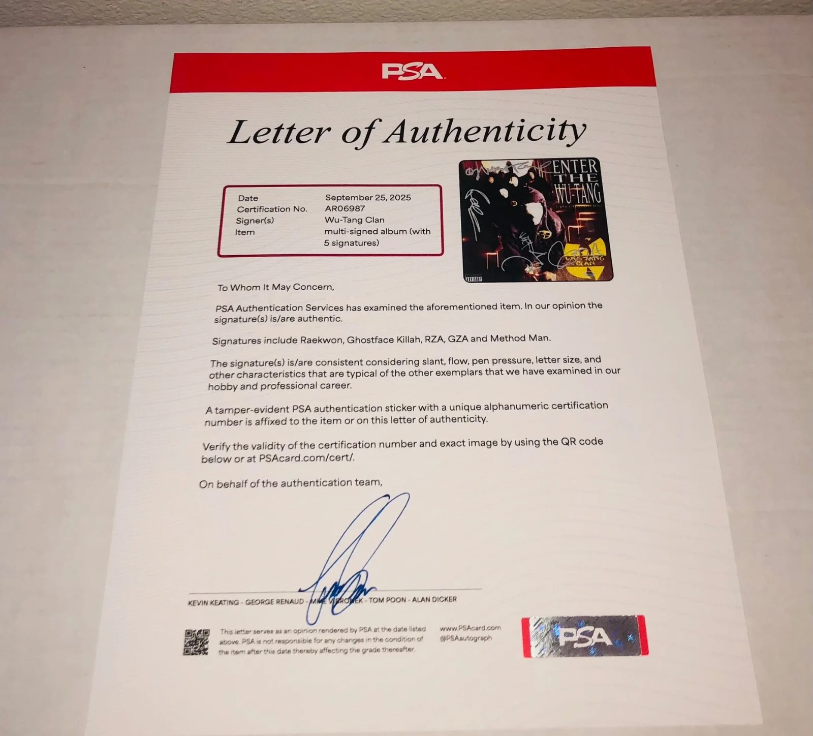 Wu Tang Clan Enter The 36 Chambers Signed Vinyl Record LP PSA Letter RARE C, изображение 2