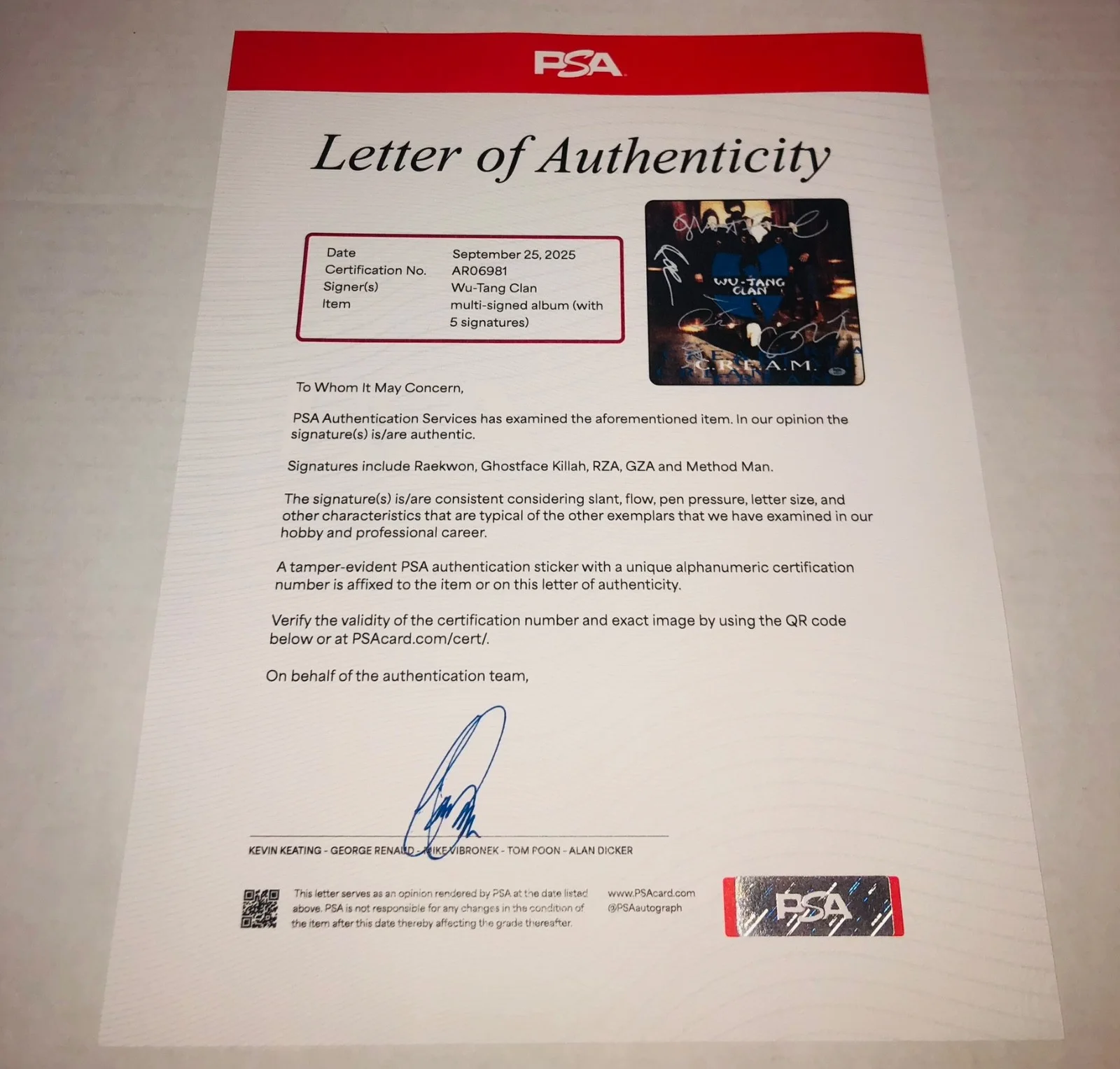 Wu Tang Clan C.R.E.A.M. Group Signed Vinyl Record LP PSA Letter RARE A, изображение 2