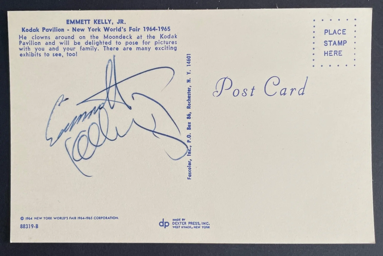 Emmett Kelly Jr — EMMETT KELLY JR. - Signed Post Card from the Kodak Pavilion at 1964 World's Fair, изображение 2