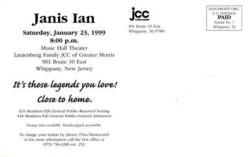 1999 JANIS IAN SIGNED AUTOGRAPH POSTCARD + PROGRAM + JCC MUSIC HALL TICKET STUB, image 2