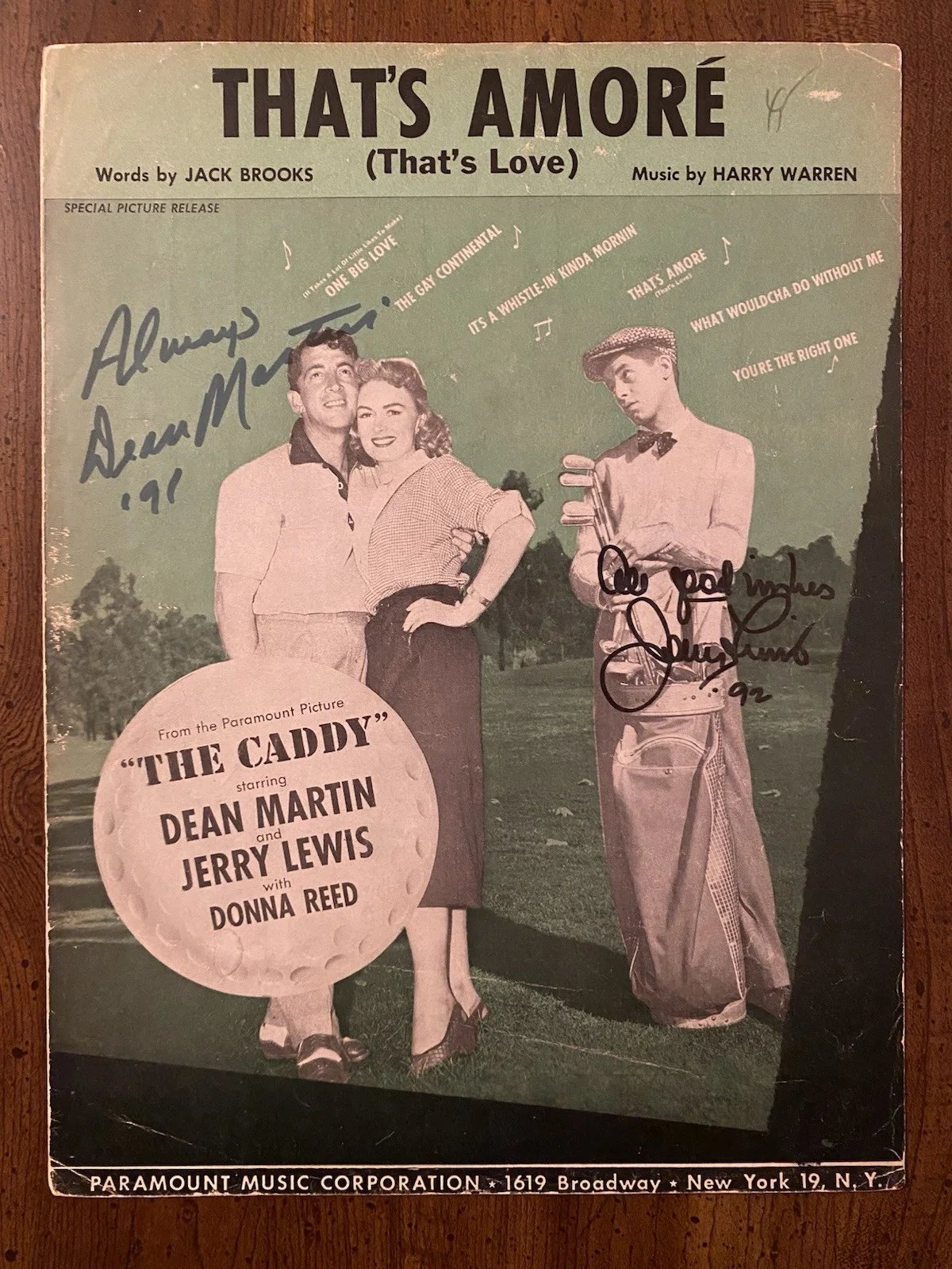 Dean Martin, Jerry Lewis — Jerry Lewis Dean Martin Signed Autographed That’s Amore Sheet Music w/ COA RARE