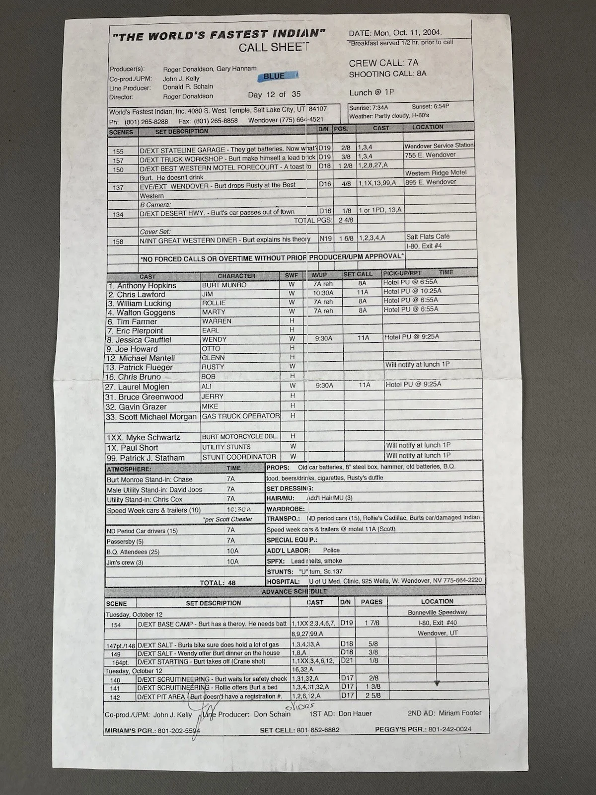 Anthony Hopkins — Anthony Hopkins Worlds Fastest Indian Movie Call Sheet, Signature, Bonneville, изображение 2