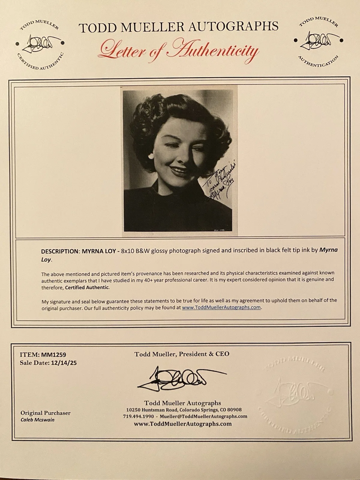 Myrna Loy — Myrna Loy Signed Autographed Photo With COA The Thin Man Mr Blandings Builds His, изображение 4