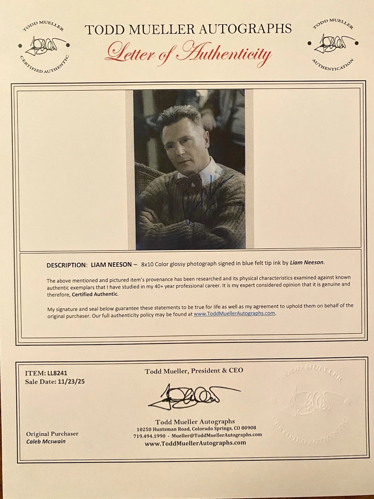 Liam Neeson — Liam Neeson Signed Autographed 8x10 Photo With COA Schindler’s List Taken, image 4
