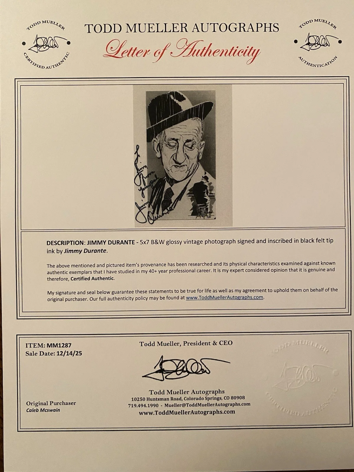 Jimmy Durante — Jimmy Durante Signed Autographed Photo With COA Frosty The Snowman Music For Mil, изображение 4