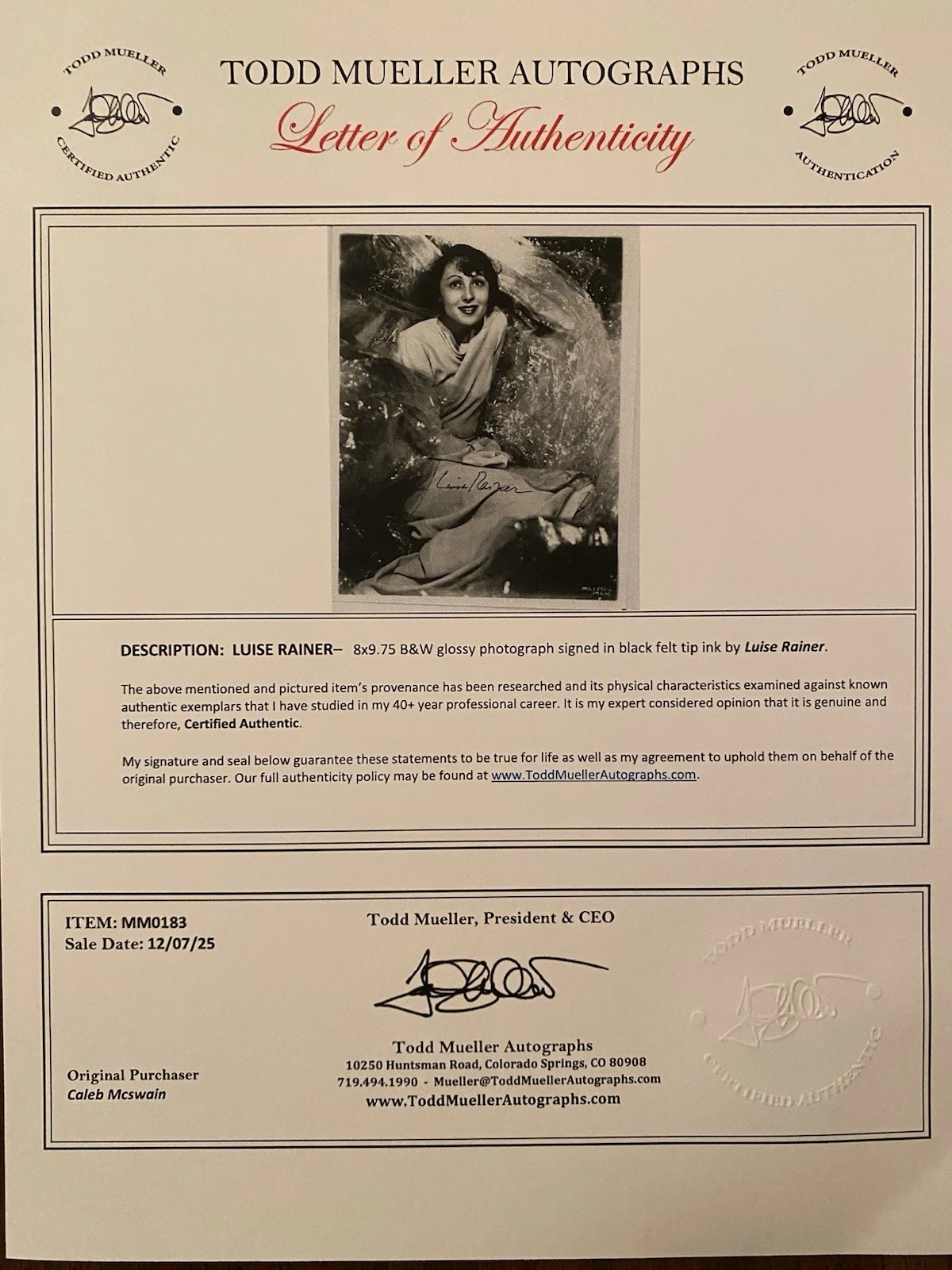 Luise Rainer — Luise Rainer Signed Autographed Photo With COA The Good Earth The Great Ziegfeld, image 4