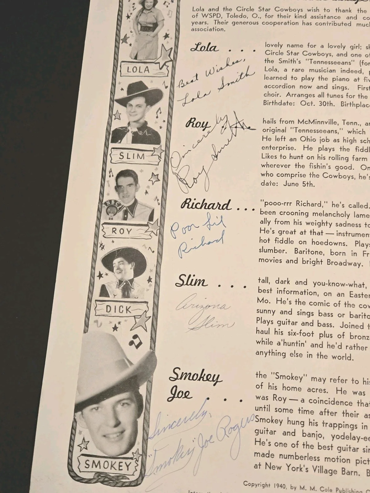 RARE SIGNED 1939 LOLA & HER CIRCLE STAR RANCH BOYS SMITH'S TENNESSEANS SONGBOOK, изображение 2