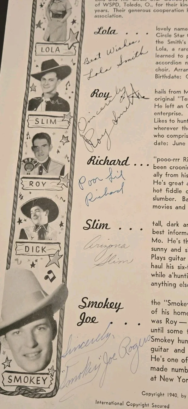 RARE SIGNED 1939 LOLA & HER CIRCLE STAR RANCH BOYS SMITH'S TENNESSEANS SONGBOOK, изображение 3
