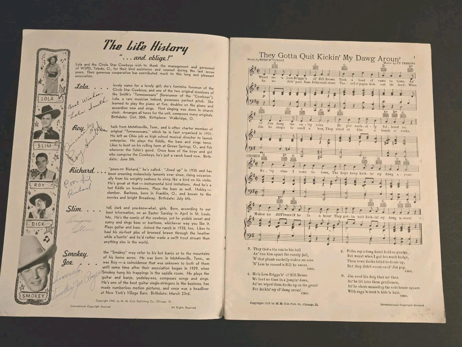 RARE SIGNED 1939 LOLA & HER CIRCLE STAR RANCH BOYS SMITH'S TENNESSEANS SONGBOOK, изображение 4