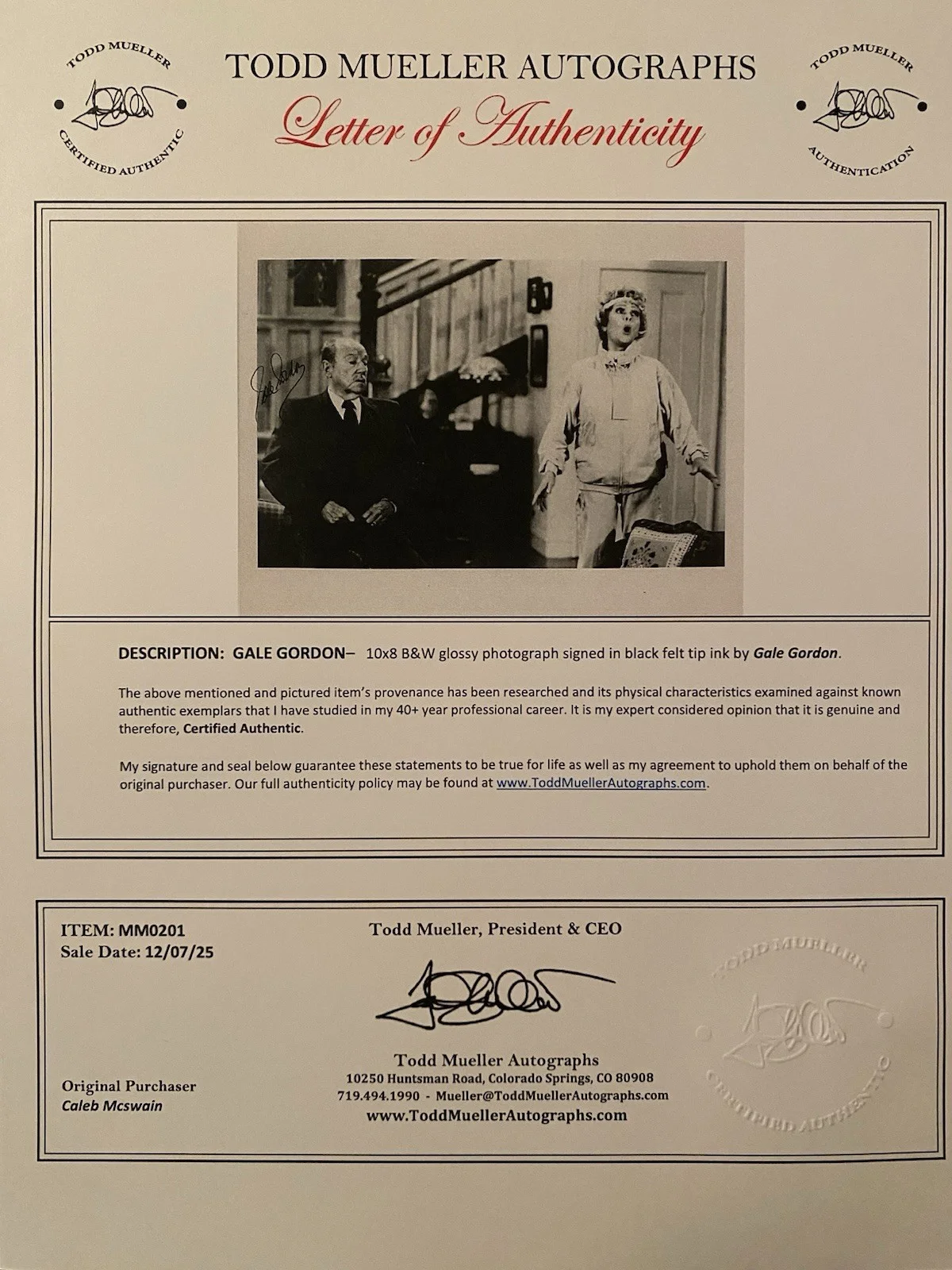 Gale Gordon — Gale Gordon Signed Autographed 10x8 Photo With COA Here’s Lucy The Lucy Show, image 4