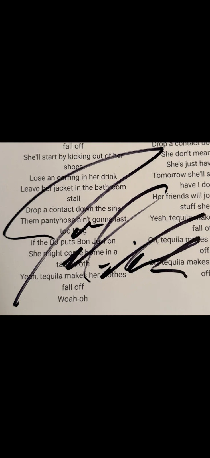 JOE NICHOLS Signed Autographed “tequila makes her clothes fall off” Lyric Sheet, image 2