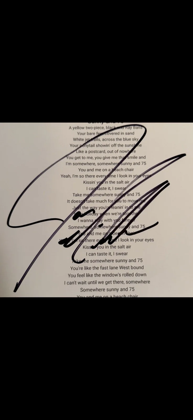 JOE NICHOLS Country Music Artist Signed Autographed “Sunny And 75” Lyric Sheet, изображение 2