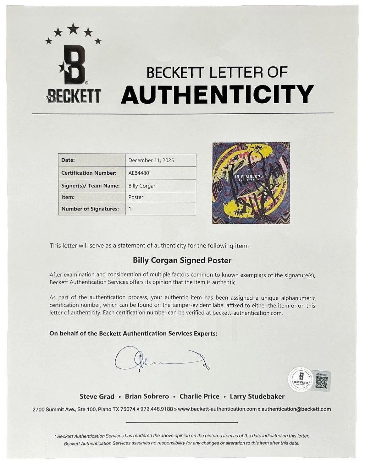 Billy Corgan Signed "Smashing Pumpkins" 12x18 Poster Photo (Beckett LOA), изображение 3
