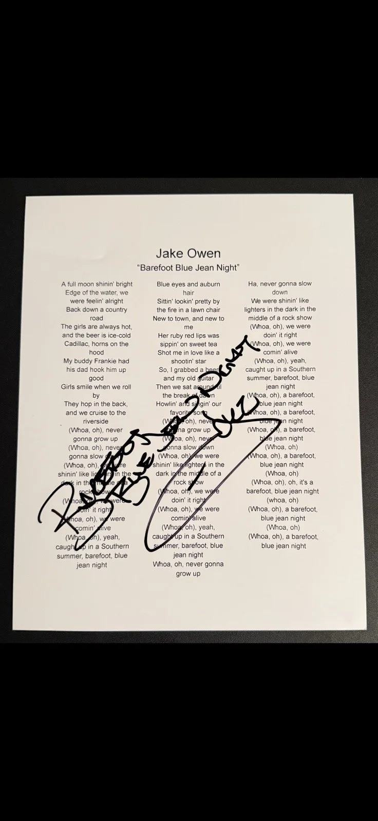 Jake Owen — Jake Owen Signed Autographed/ Inscribed “Barefoot Blue Jean Night” Lyric Sheet